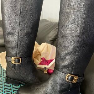 Tory Burch Black Leather Heeled Boots with Gold Buckle - new box and dust cover